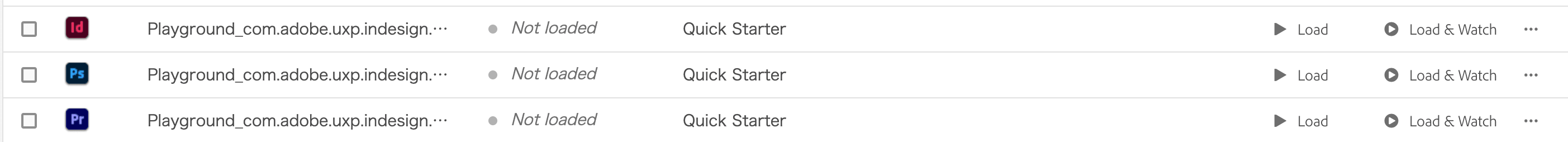 UXP Developer Toolで複数のプラグインが表示された状態。